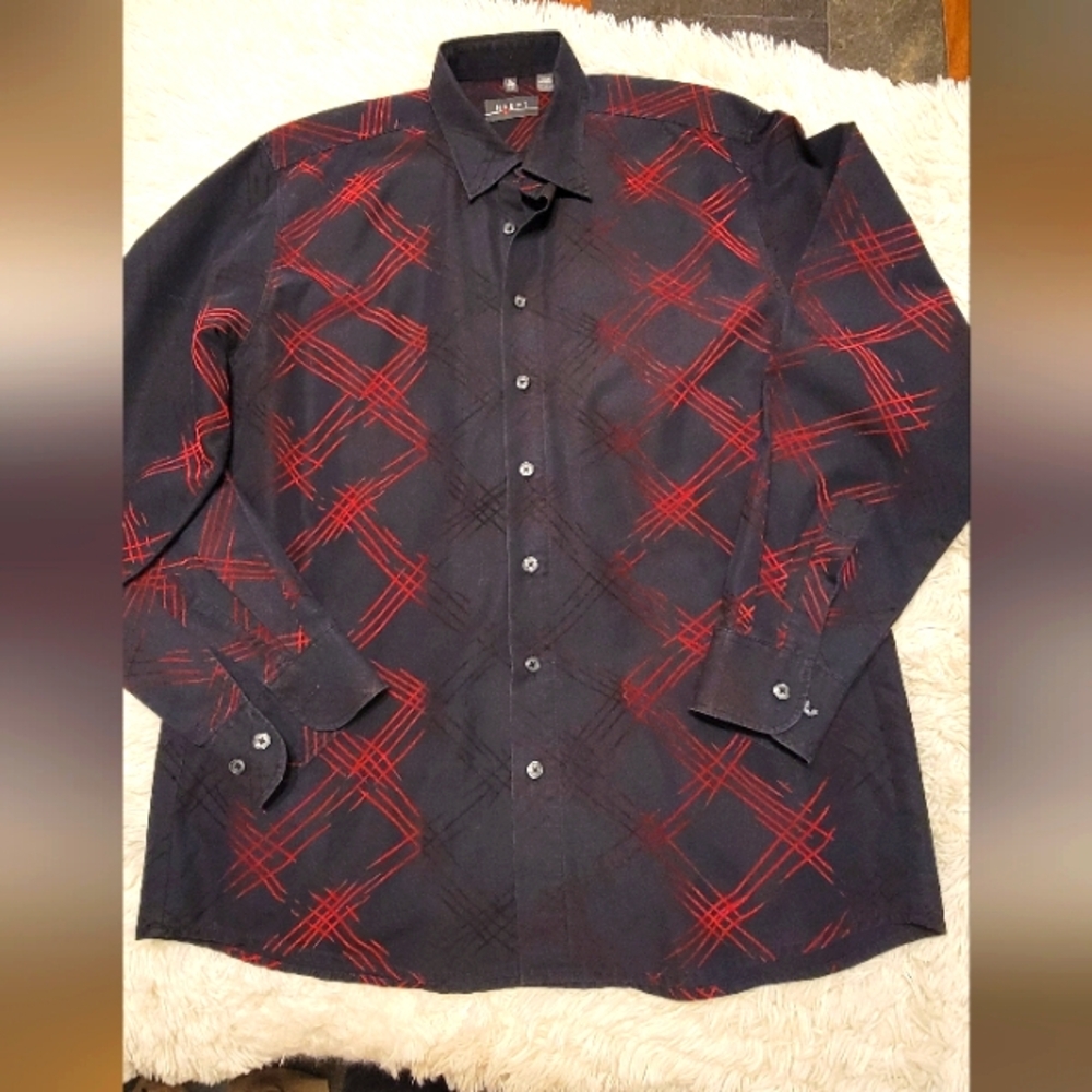HAUPT Germany Mens SZ L Button Down Abstract‎ All Over Print Red On Black Vtg